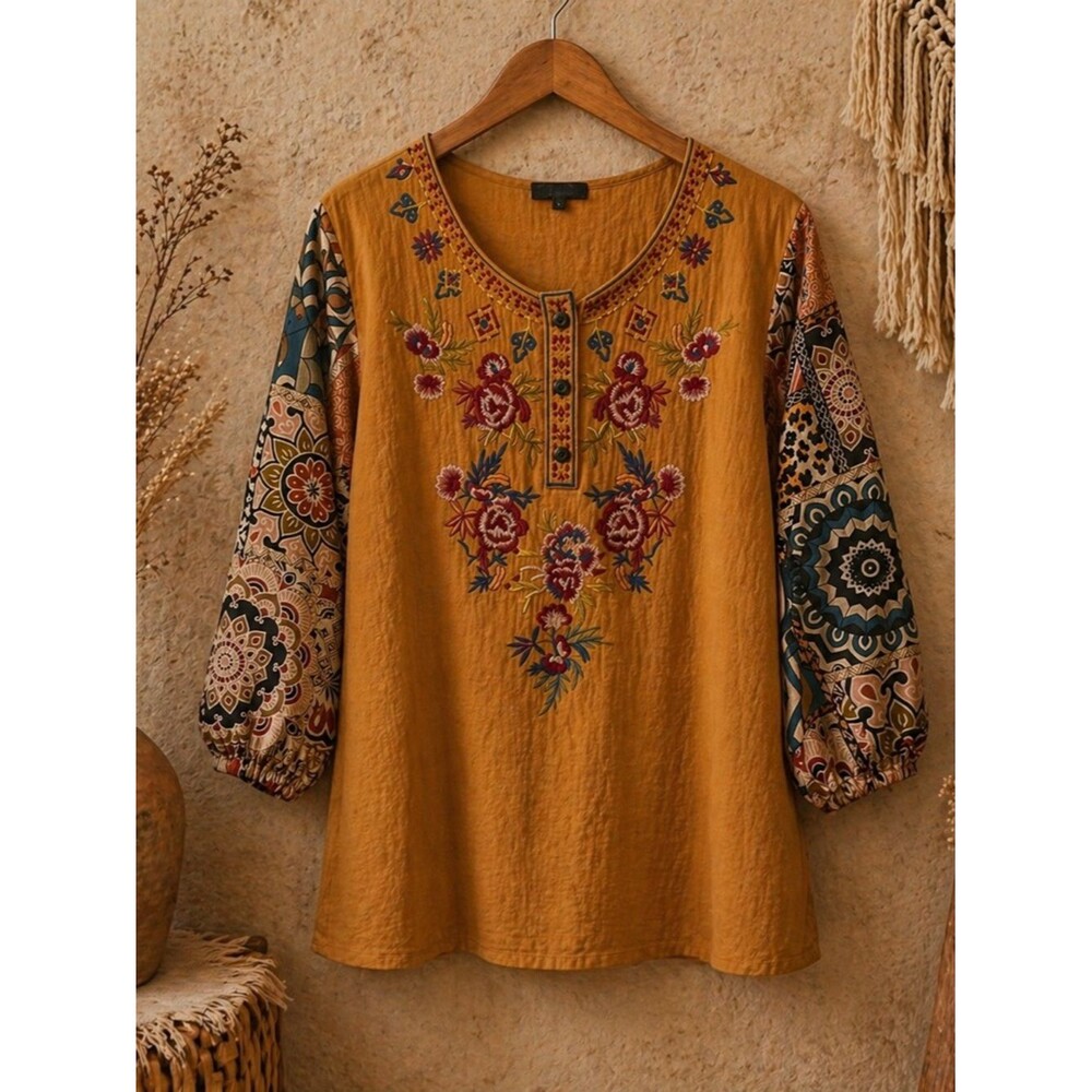 Calessa Embroidered Tunic Top  Patchwork Floral Boho Size Large